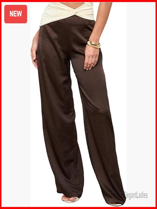 Pants - Women's Satin Wide Leg Pants Elastic Waist Loose Fit Casual Trousers